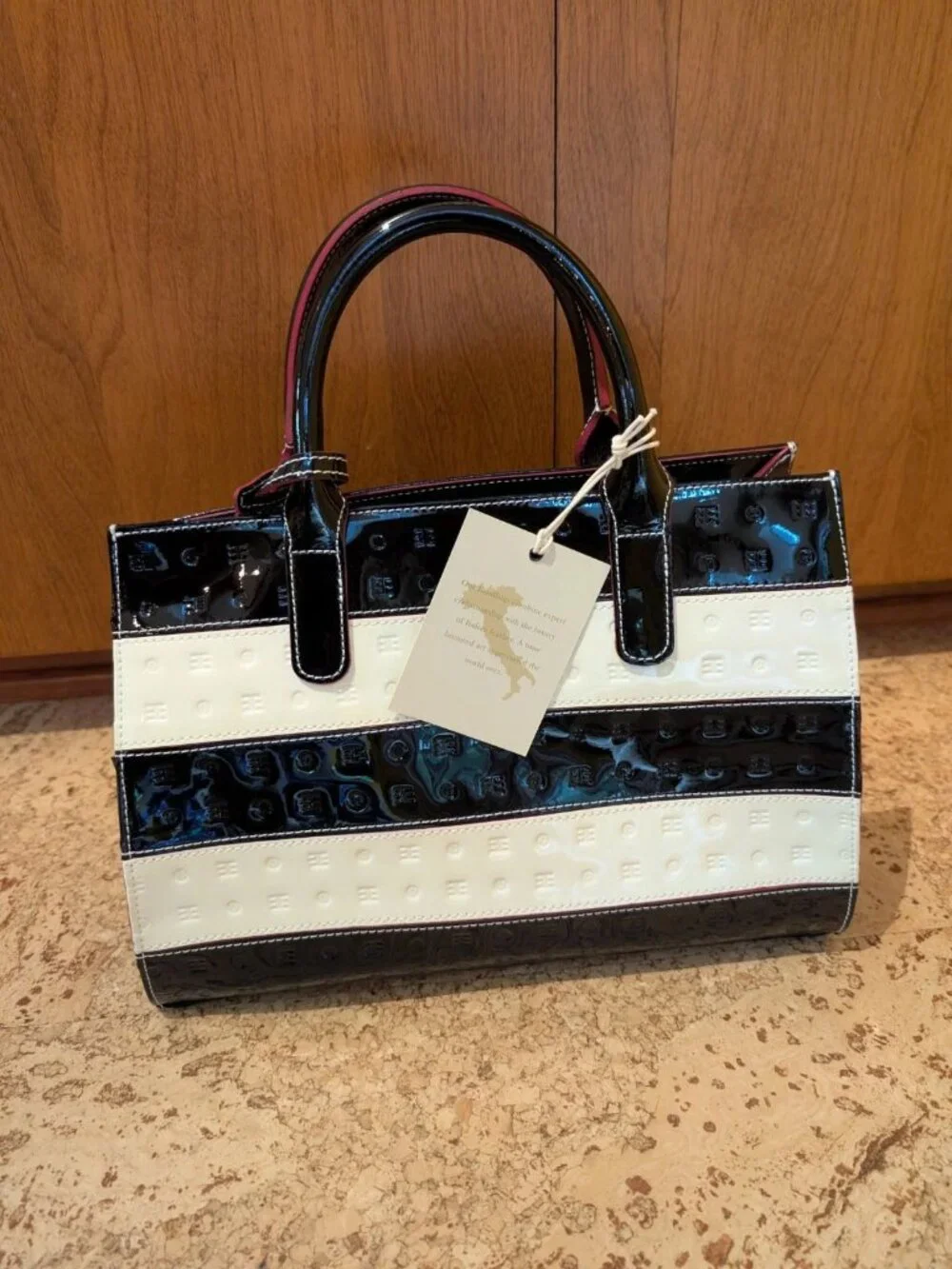 Arcadia Black White Colorblock Stripe Patent Leather Medium Satchel Nwt